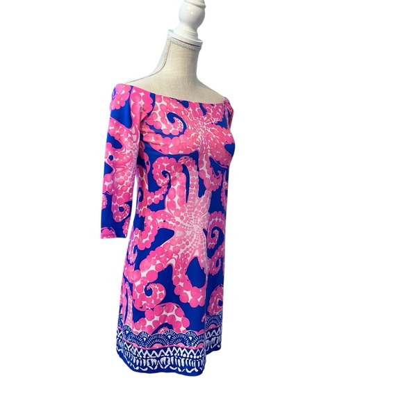 Lilly Pulitzer Off Shoulder Laurana Dress Sz XS Ikat Blue Mocean Engineered - Picture 3 of 12